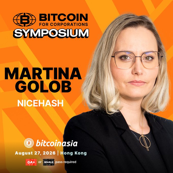 Promotional graphic for the Bitcoin for Corporations Symposium (BFC), featuring a headshot of NiceHash's Martina Golob in a black blazer against an orange geometric background, with text noting the event takes place August 27, 2026 in Hong Kong and requires a GA+ or WHALE pass to attend.