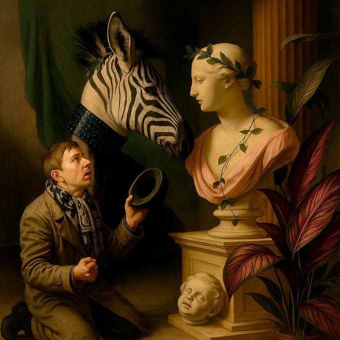 A classical painting depicting a kneeling man in a brown coat and patterned scarf removing his hat before a marble bust of a woman crowned with a laurel wreath, accompanied by a zebra wearing a dark collar behind a green curtain.