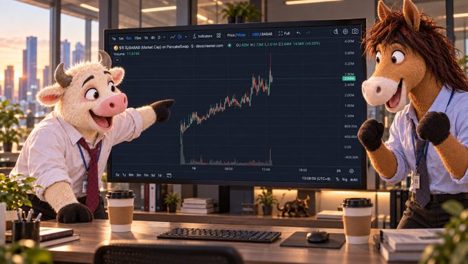 Two anthropomorphic characters—a cow in a white shirt and red tie and a horse in a blue shirt—excitedly point at a stock trading chart on a large monitor in an office setting.