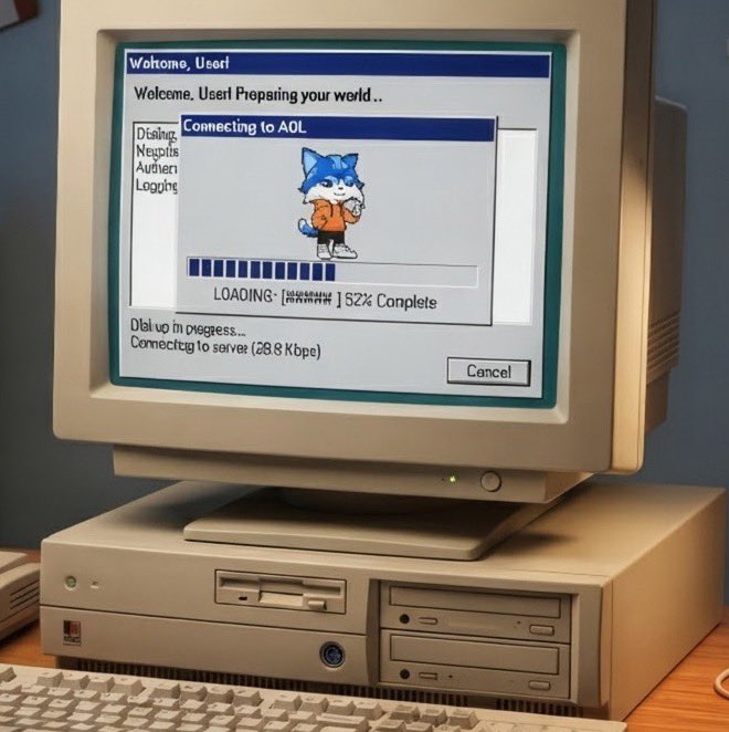 A vintage beige desktop computer monitor and tower display a classic AOL dial-up connection screen with a loading bar at 52% complete, a Sonic the Hedgehog mascot, and text reading "Welcome, User! Preparing your world... Connecting to AOL (28.8 Kbps).".