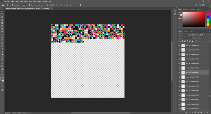 A screenshot of Photoshop showing a sprite sheet or pixel art image at the top with colorful squares, while the rest of the canvas is transparent (checkered pattern). The file name indicates 'blending_test' with dimensions 4096x4096.