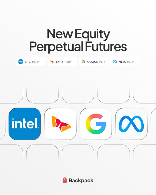 A promotional graphic titled 'New Equity Perpetual Futures' displays tickers 'INTC-PERP', 'SKHY-PERP', 'GOOGL-PERP', and 'META-PERP' alongside the Backpack logo.