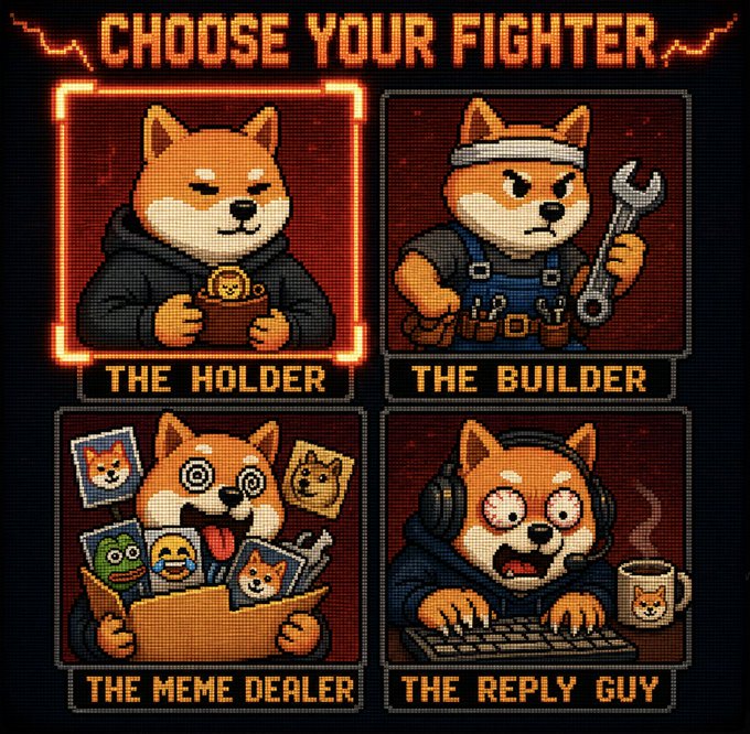 A pixel art "Choose Your Fighter" screen displays four Shiba Inu character options with crypto/meme culture roles: "The Holder" (holding a coin), "The Builder" (with a wrench), "The Meme Dealer" (surrounded by memes), and "The Reply Guy" (at a keyboard with headset). The image serves as a playful personality quiz asking "which one are you?" to highlight different archetypes within the meme coin community.