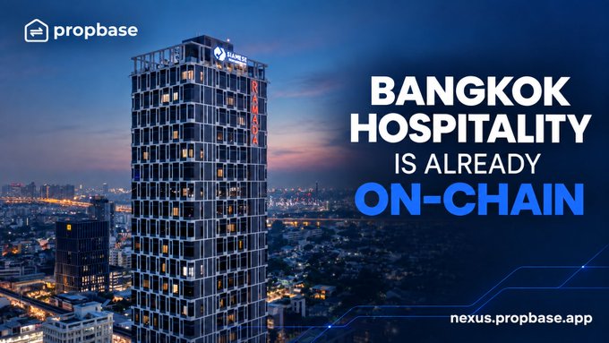 A twilight cityscape of Bangkok featuring a tall modern hotel/residential tower alongside the bold text "BANGKOK HOSPITALITY IS ALREADY ON-CHAIN," with the Propbase logo in the corner and the link "nexus.propbase.app," visually promoting Propbase's already-tokenized real-world hospitality assets in Bangkok.