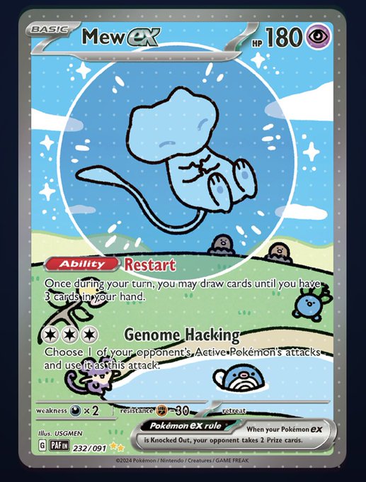A Mew ex Pokémon trading card from the Paldea Evolved set (232/091), illustrated by USGMEN, featuring 180 HP, the Restart ability, and a Genome Hacking attack that copies an opponent's attack.