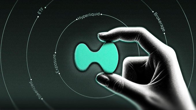 A digital image showing a hand pinching a glowing green abstract shape (resembling the Hyperliquid logo) surrounded by orbital text labels reading "ETF", "Hyperliquid", "Brokerage", "Exposure", and "Tokenized".