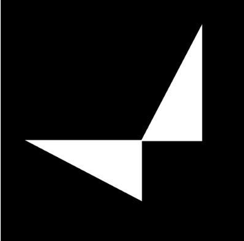 A geometric logo featuring white triangular shapes against a black background.