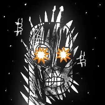A stylized black-and-white illustration of a figure resembling a trap-covered throne with glowing orange eye-like symbols and scattered star marks against a dark background.