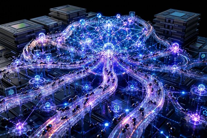 A glowing digital ant colony network overlaid on microchip-style circuitry, illustrating the Ant Colony algorithm referenced in Qubic's announcement.

Key visual connection: The image shows interconnected paths with nodes resembling an ant colony optimization graph, directly visualizing the "Ant Colony" search strategy mentioned in the post for finding efficient neural network solutions within the Qubic network.