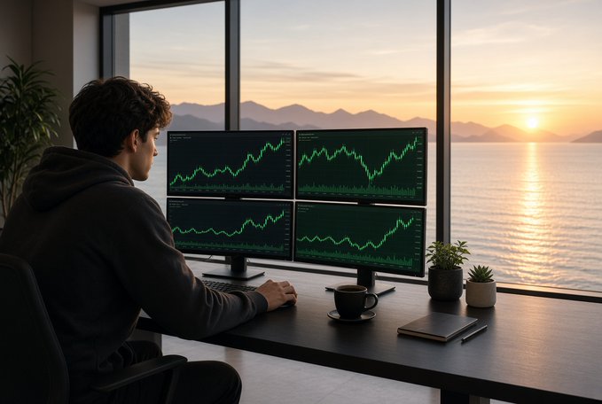 A person sits at a desk with four monitors displaying green stock charts, looking out a large window at a sunset over water and mountains.