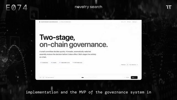 The image shows a webpage with black text that reads "Two-stage, on-chain governance." This description suggests that the webpage might be related to blockchain technology or cryptocurrency development. The title of the webpage is "Eoin's TAO" which could indicate that this content is about a specific project or initiative in the field of blockchain and cryptocurrency.