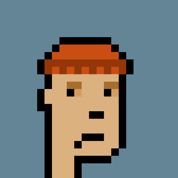A pixel art portrait of a male character with a red beanie hat, brown eyebrows, and neutral expression on a blue background, representing CryptoPunk #4715.