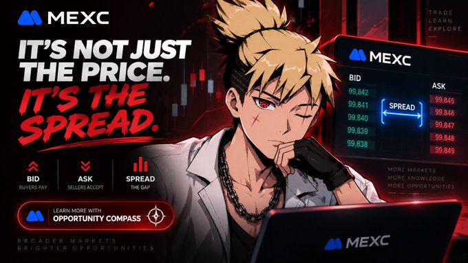 A promotional banner for MEXC exchange features an anime-style character with blonde hair and red eyes, accompanied by the text 'IT'S NOT JUST THE PRICE. IT'S THE SPREAD.' and a trading interface showing BID/ASK prices.