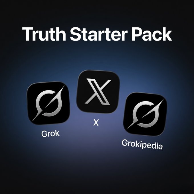 A promotional image with the header "Truth Starter Pack" displays three app icons on a dark blue background: Grok and Grokipedia (both featuring a stylized "G" with a slash) flanking the X icon (a stylized "X"). The text "Truth Starter Pack" appears prominently at the top in white lettering.