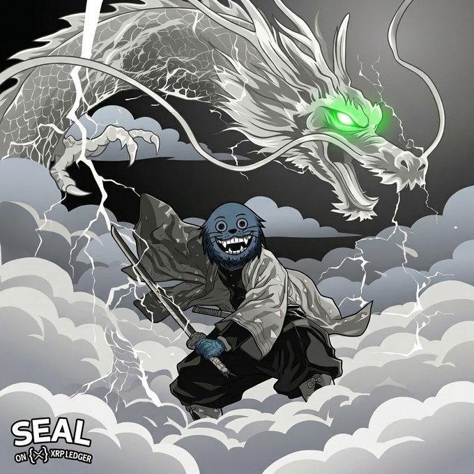 An illustration of a ninja-like character wielding a sword beneath a large white dragon with glowing green eyes, with text reading 'SEAL ON XRP LEDGER' in the corner.