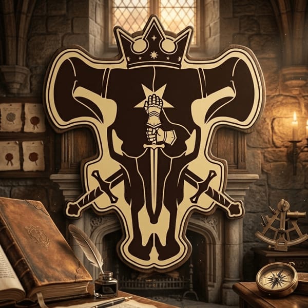 A crowned bull skull emblem is displayed above a candlelit stone room featuring a leather-bound book, quill, and brass navigational instruments, evoking a medieval tavern's mysterious atmosphere. The dark, bullish sigil serves as the heraldic mascot for the $DEADBULL token (CA: 4APL6UegCmTzkuVLNDXCJ4HYaBpC3A4kAu4r5yiBpump), symbolizing the meme coin's legendary comeback on Solana.