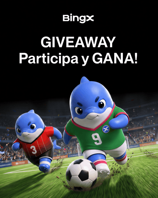 The image features two blue dolphins, one wearing a green shirt and the other wearing a red shirt, running across a soccer field with a soccer ball in front of them. The text "Ya está disponible nuestro PRIMER GIVEAWAY del partido de hoy exclusivo para usuarios en Mexico" is written above the dolphins' heads, indicating that this giveaway is for participants from Mexico who are interested in joining the game.

The post also mentions a website called BingX.com/act/taskRedEnv, which could be related to the giveaway or another event taking place at that location. The text "Parcilla y GANA!" suggests that there might be an additional prize for those who participate in this soccer-related activity.