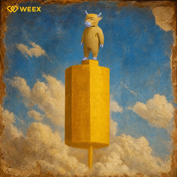 A vintage-style painting shows a golden bull mascot standing atop a large golden candle (resembling a price chart candlestick) soaring through a cloudy blue sky, with the "WEEX" logo in the top-left corner—symbolizing bullish market momentum and rising prices.