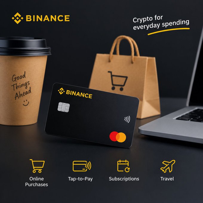 A Binance branded advertisement showcasing a black crypto debit card next to a coffee cup and shopping bag, highlighting features like Online Purchases, Tap-to-Pay, Subscriptions, and Travel.