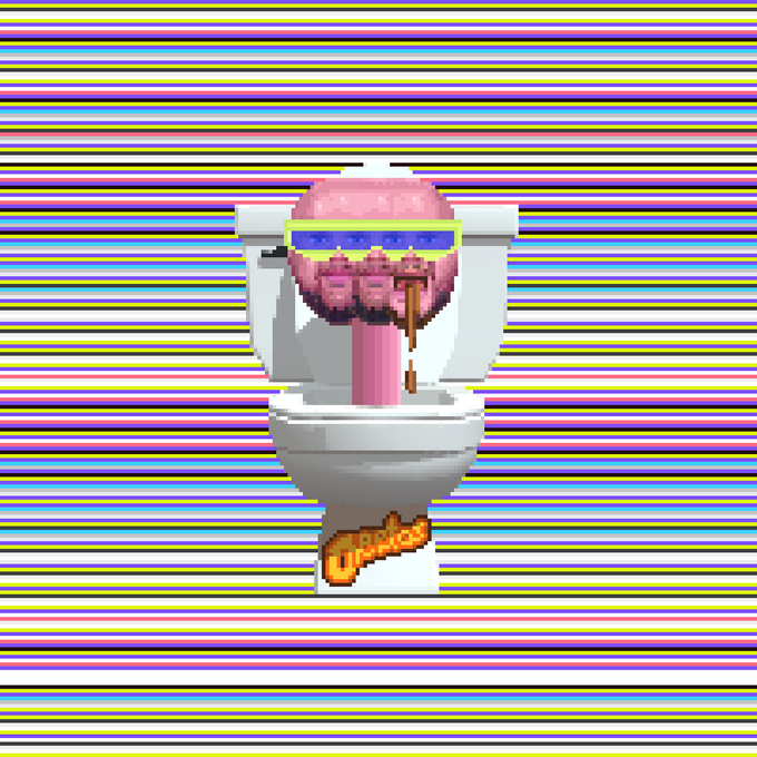 A pixelated meme image showing a brain wearing sunglasses sitting on a toilet with a cigarette, using toilet paper that says 'Dippees', set against a colorful striped background.