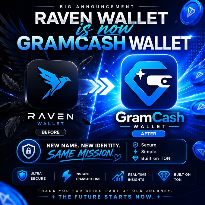 The image features two blue logos - one for Raven Wallet and another for GramCash Wallet. The Raven Wallet logo has a bird design, while the Gram Cash wallet logo has a diamond shape. Both logos are displayed against a dark background with blue and white colors. Below these logos, there is text that reads "Raven Wallet is now Gram Cash Wallet". This suggests that the image is promoting the transition from the Raven Wallet to the Gram Cash wallet.