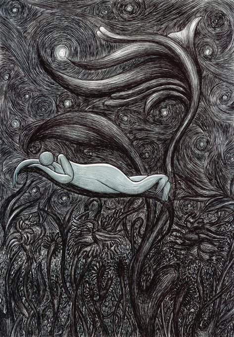 A detailed black-and-white pen drawing depicts a flowing, ethereal figure reclining within a swirling, Van Gogh-inspired starry sky, surrounded by intricate floral motifs at the bottom. The artwork's dreamlike, moonlit atmosphere aligns with the title "Moonlight," capturing the piece's mystical and contemplative essence.