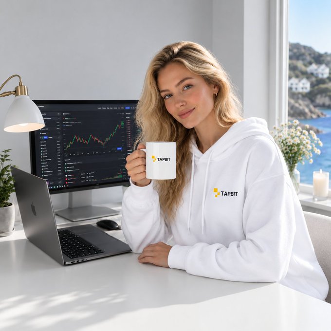 A woman sits at a clean, minimalist trading desk holding a white mug branded with "TAPBIT," wearing a matching white "TAPBIT" hoodie, with a laptop and monitor displaying a stock chart in the background. The image perfectly illustrates the post's message about a simple, effective trading setup—showcasing everyday essentials like a quality mug, comfortable attire, and dual screens as the only tools needed for productive trading.