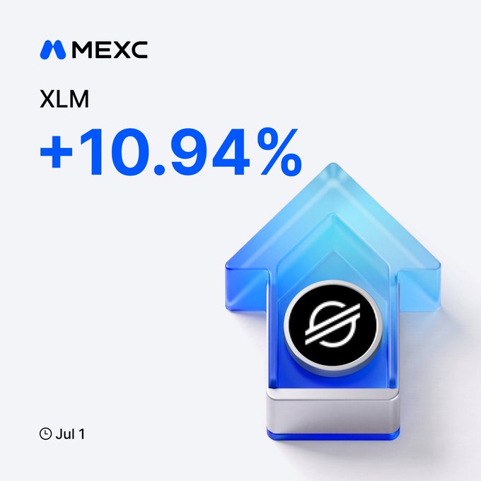 A MEXC promotional graphic highlights Stellar (XLM) with a "+10.94%" gain on July 1, featuring the coin's logo inside a blue upward arrow to emphasize the price surge. The image aligns with the post's message encouraging users to trade XLM on the MEXC exchange.