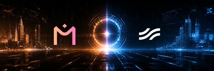 Futuristic cityscape banner featuring logos for the cryptocurrency projects Midas (M) on the left and an unidentified platform with a wave-like symbol on the right, separated by a glowing portal.