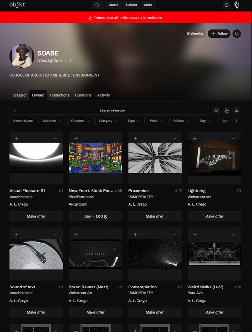 A screenshot of the objkt NFT marketplace showing the profile of 'SOABE' with a collection of owned NFTs including works titled 'Visual Pleasure #1', 'New Year's Block Par...', 'Proxemics', and 'Lightning'.