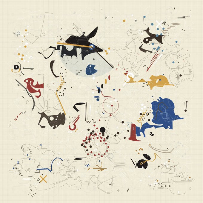 An abstract artistic composition featuring various colorful animal silhouettes, line drawings, and scattered dots in blue, red, yellow, and black on a cream-colored background.