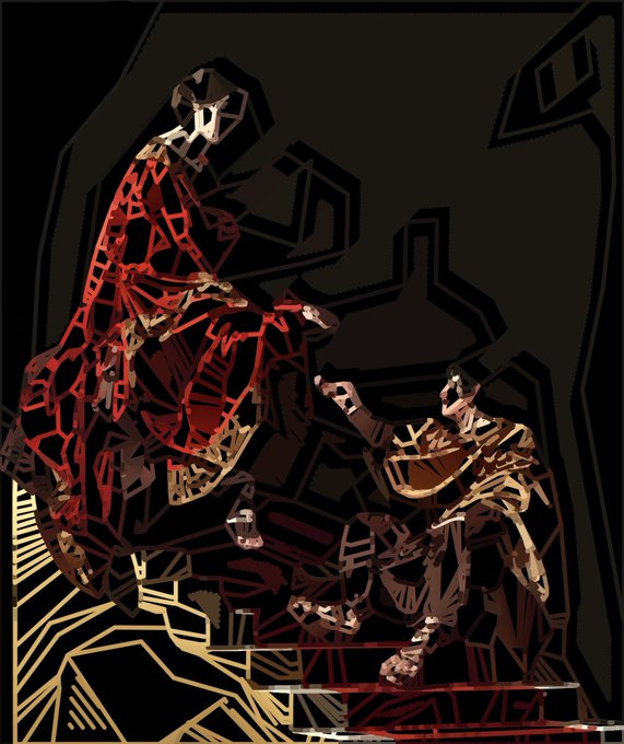 An abstract digital artwork featuring a stylized basketball player in a dynamic pose rendered in fragmented red, brown, and black geometric shapes.