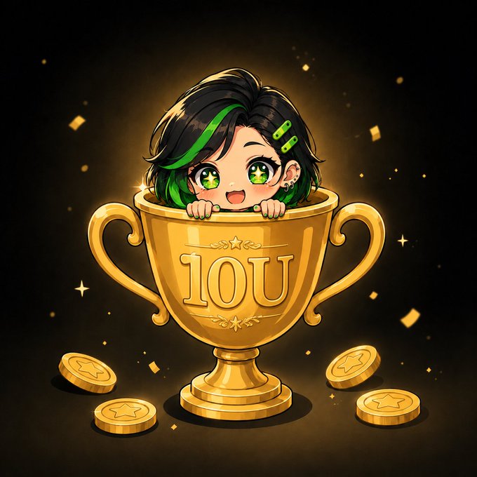 A chibi-style character with green-streaked hair and starry eyes peeks out of a golden trophy engraved with "10U," surrounded by scattered coins and sparkles. The image visually represents the "10U War God Zone" trading competition, with the triumphant trophy symbolizing the 50K prize pool awaiting winners of the Four.meme token trading challenge.