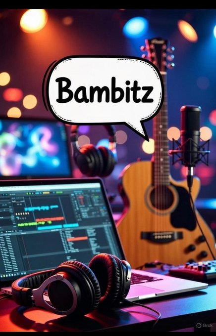 A stylized music studio scene featuring a laptop with audio editing software, headphones, a microphone, and an acoustic guitar, with a speech bubble containing the name "Bambitz" overlaid in the center and a "Grok" watermark in the bottom right corner.