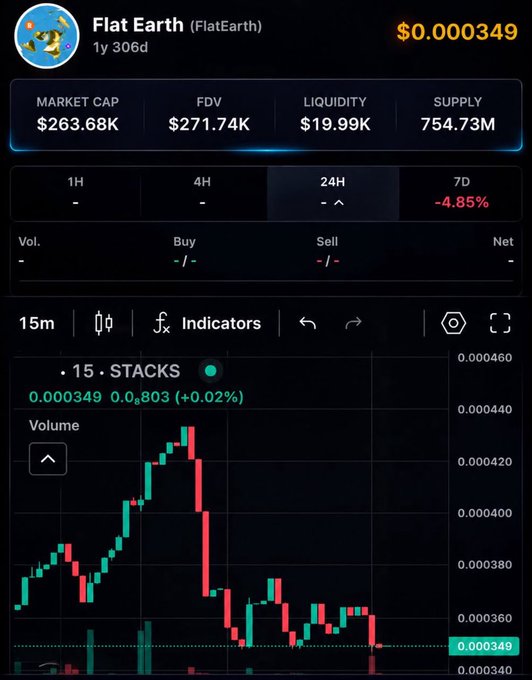 A cryptocurrency tracking interface displaying 'Flat Earth (FlatEarth)' with a price of $0.000349, a market cap of $263.68K, and a candlestick chart showing a -4.85% change over 24 hours.