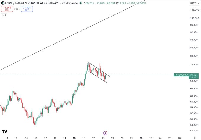 The image shows a graph with a falling wedge at the right side of the screen. The wedge indicates that something has occurred or is happening related to $HYPE's market position, which could be connected to Bitcoin prices or a similar trend. The graph also displays a rising price line for $BTC from left to right. The scene seems to focus on the relationship between these two cryptocurrency markets and their historical performance in relation to one another.