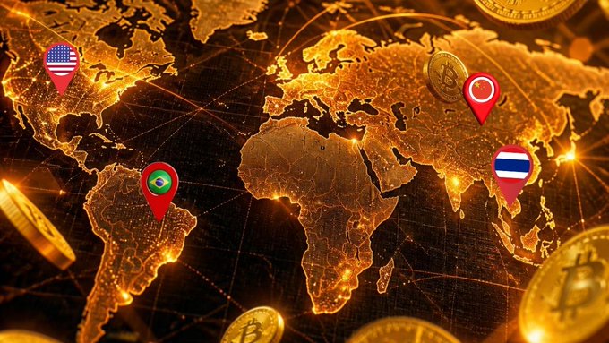A golden world map graphic features location pins with US, Brazilian, Turkish, and Thai flags alongside floating Bitcoin coins, symbolizing global cryptocurrency adoption.