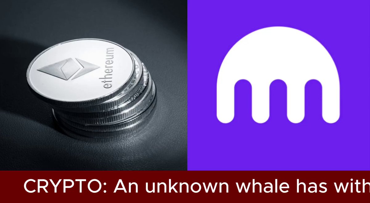 The image presents a scene where two stacks of coins are placed side by side - one stack has five silver coins and another stack has four silver coins - all neatly aligned against each other with the text "Crypto" written around them. The backdrop of this image is a purple square, on which there's a white logo that represents a whale. In the caption below this scene, it says "Whale withdraws $50 million worth of @Ethereum from Kraken". It seems as if the coin stacks are being used to illustrate the concept of cryptocurrency and its relation to whale wallets or digital wallets. The image is designed to emphasize how cryptocurrency operates in the market today by drawing a comparison with actual whale transactions.