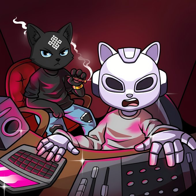 The image features a cartoon scene of two cats, one black and one white, sitting next to each other with their eyes wide open as if they are looking at something or someone. The black cat has a cigarette in its mouth, while the white cat is wearing headphones. They appear to be engaged in conversation or observing something together.

The image also includes elements of a computer setup, such as a keyboard and a laptop on a desk. There's an additional keyboard located near the bottom right corner of the image. The background features a dark red color with some smoke coming from it, giving the scene a somewhat mysterious atmosphere.