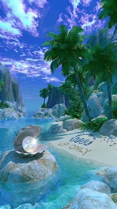 A tropical beach scene features a clam holding a Bitcoin resting on rocks beside the message "UPONLY" and "GM," "WAGMI," and "WEN MOON" written in the sand, echoing the post's optimistic "GM" sentiment with its hopeful crypto-themed beach vibes.