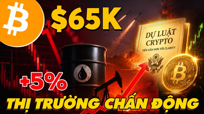 A YouTube thumbnail featuring a Bitcoin logo, "$65K" headline, oil barrel, and a crypto law book with text "DỰ LUẬT CRYPTO TIẾN GẦN HƠN TỚI CLARITY" and "THỊ TRƯỜNG CHẤN ĐỘNG," promoting coverage of crashing oil prices, AI stock selloffs, and a 5% Bitcoin rally.