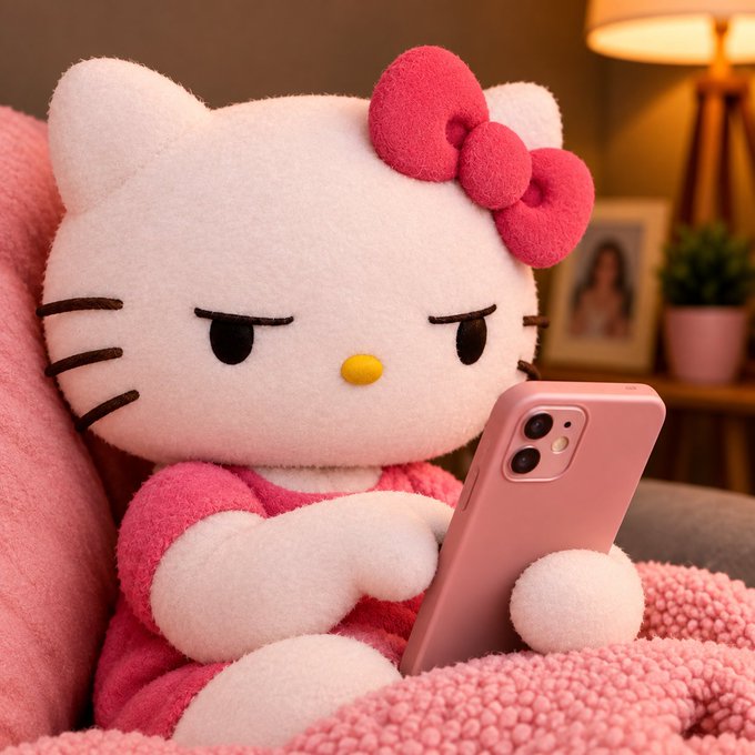 A Hello Kitty plush toy wearing a pink bow and outfit sits in a cozy room, looking displeased while holding a pink smartphone.