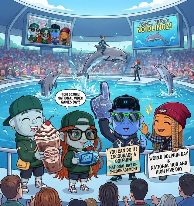 A vibrant cartoon illustration showing characters celebrating 'HIGH SCORE! NATIONAL VIDEO GAMES DAY!' at a dolphin show, with signs referencing 'NATIONAL CHOCOLATE MILKSHAKE DAY', 'NATIONAL DAY OF ENCOURAGEMENT', and 'WORLD DOLPHIN DAY & NATIONAL HUG AND HIGH FIVE DAY'.