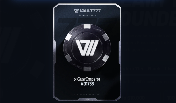 A digital "Founders Pass" NFT from VAULT777 displayed as a sleek black card with a poker chip design, featuring the username "@GuarEmperor" and the unique founder number "#01768," corresponding to the claim link's reference to a pass membership with XP rewards and token bonuses.