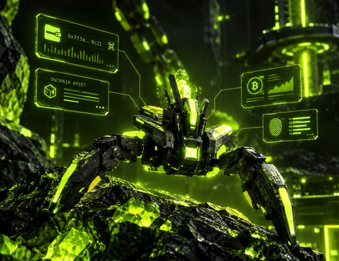 A futuristic mechanical creature glows with neon green light, surrounded by holographic displays showing 'ONCHAIN ASSET', a Bitcoin symbol, and cryptographic data.