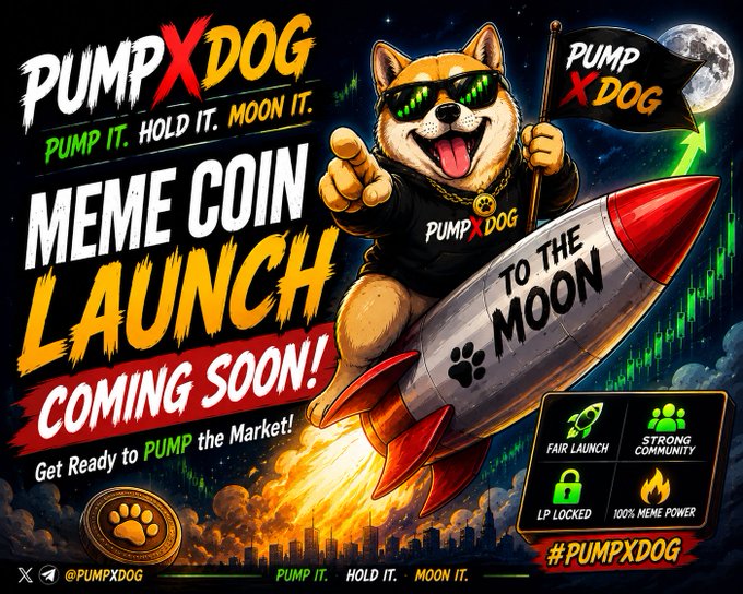 A promotional graphic for 'PUMPDOG' meme coin launch featuring a Shiba Inu dog wearing sunglasses riding a rocket labeled 'TO THE MOON' with text 'PUMP IT. HOLD IT. MOON IT.' and 'COMING SOON!'