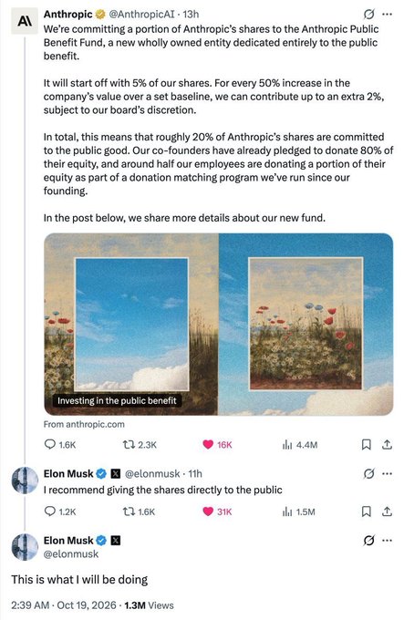 The image shows an X post thread featuring Anthropic's announcement of committing 5% of their shares to a new public benefit entity, with a contribution of up to 2% extra for every 50% increase in company value (totaling ~20% of shares). Below it, Elon Musk comments "I recommend giving the shares directly to the public" and adds "This is what I will be doing," prompting speculation among users that Musk may be planning a token airdrop of his own shares to the public similar to past pumpfun token events.
