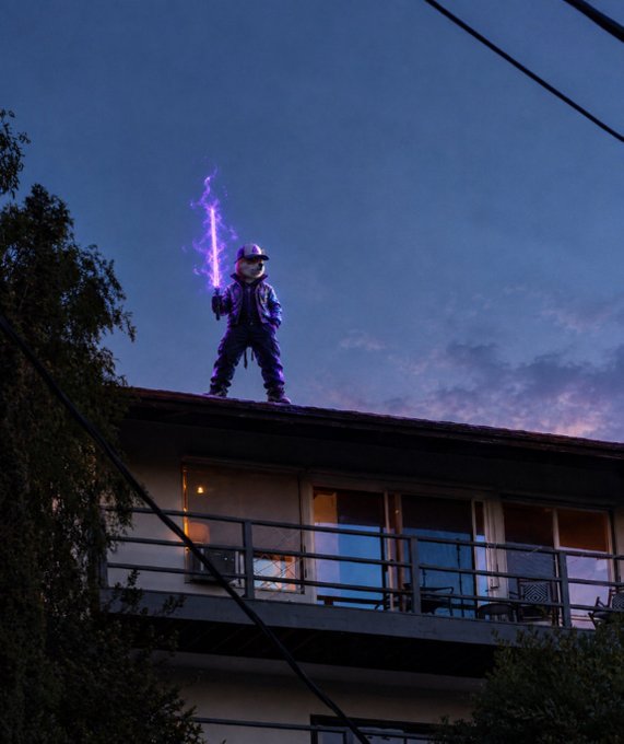 A person in a blue outfit and cap standing on a rooftop at dusk, holding a glowing purple sword/light against a twilight sky.