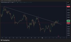 A TradingView candlestick chart showing a descending trendline pattern with multiple red bearish candles.