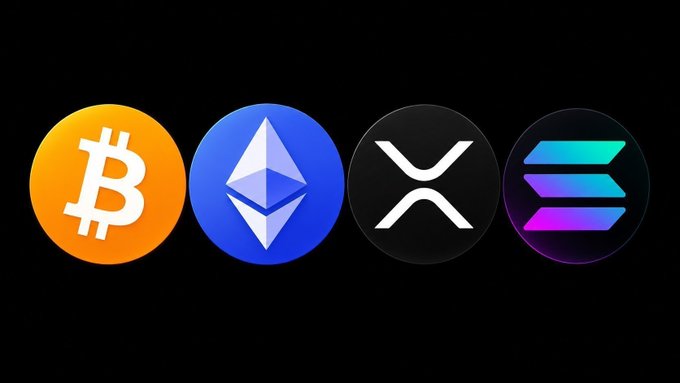 Four circular cryptocurrency logos displayed against a black background, representing the digital assets highlighted in the post about US spot crypto ETF flows: Bitcoin (orange "B" logo), Ethereum (blue diamond logo), XRP (black logo with white "X"), and Solana (black logo with purple-to-teal gradient bars), with the post reporting weekly inflows of $987M for Bitcoin, $218M for Ethereum, $19M for XRP, and $6M for Solana.